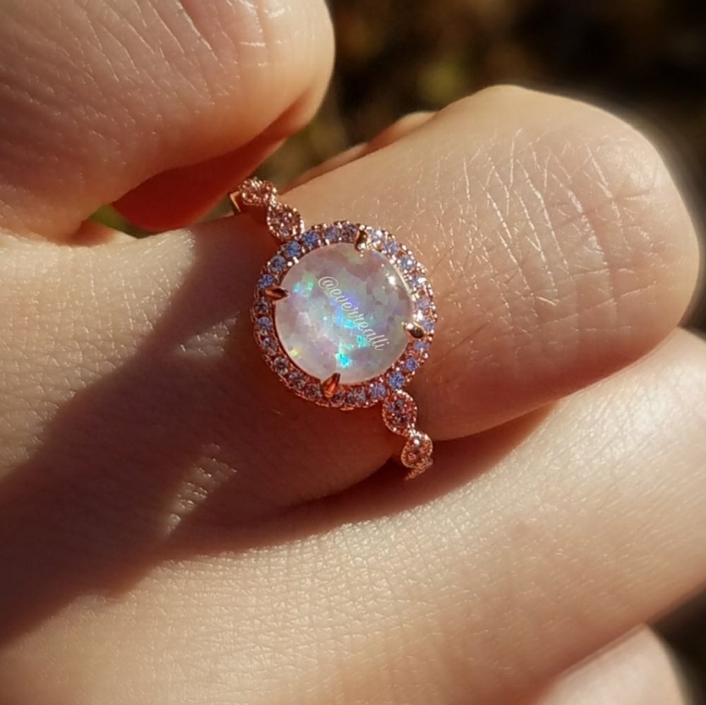 Rose Gold Round Opal Diamond Halo Milgrain Ring - Picture 4 of 7